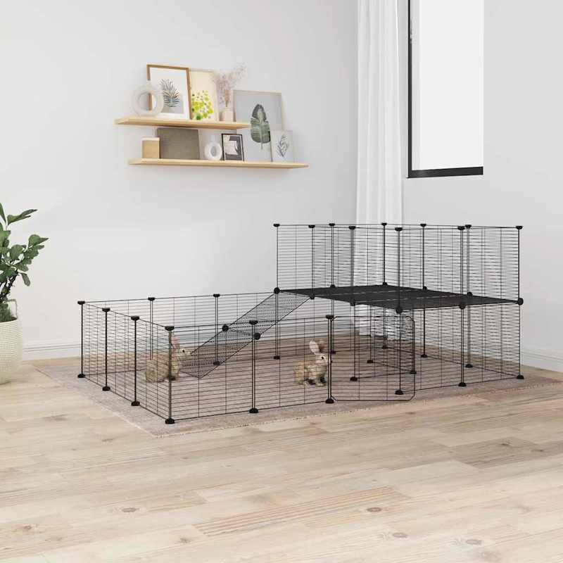 Dierenkooi – Huisdierenkooi – Ren – Konijnenkooi – Knaagdierkooi – 36 Panelen – Stevige Stalen Constructie – 35x35 cm Panelen – Met Zwarte Deur