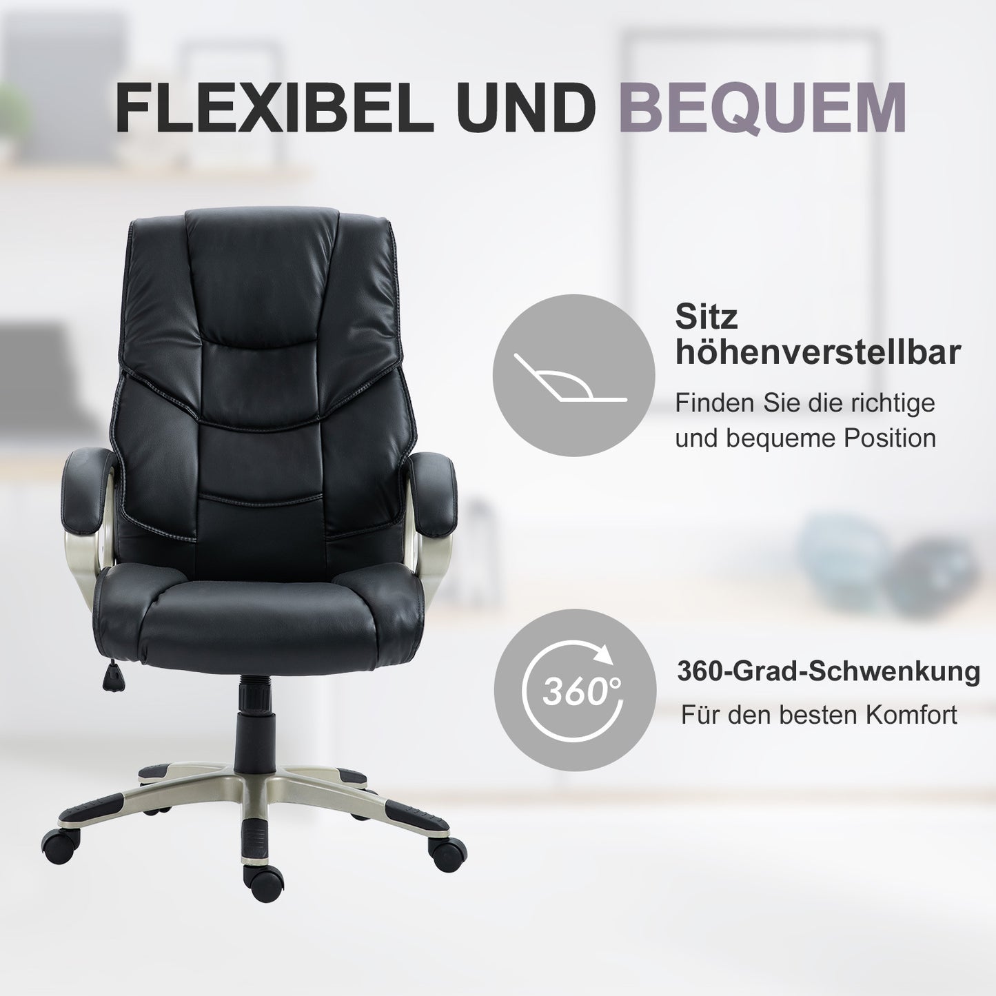 Bureaustoel – Office Chair – Ergonomische Stoel – Draaistoel – Desk Chair – Met Schommelfunctie – Zwart Kunstleer – Metalen Frame – Hoge Rugleuning – 70x58x114–124 cm