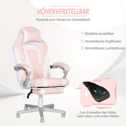 Gamingstoel – Gamestoel – Gaming Chair – Bureaustoel – Game Stoel – Ergonomisch Design – Verstelbare Hoogte 48-55,5 cm – Roze PU Leder – Met Lenden- en Neksteun – Max 120 kg – 360° Draaibaar