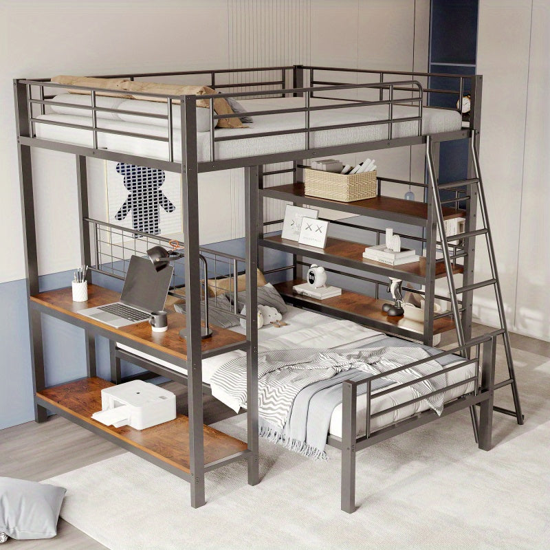 Hoogslaper – Stapelbed – Kinderbed – Eenpersoonsbed – Bed – Metalen Frame – 140x200 cm – Multifunctioneel – Met Opbergruimte – Zwart