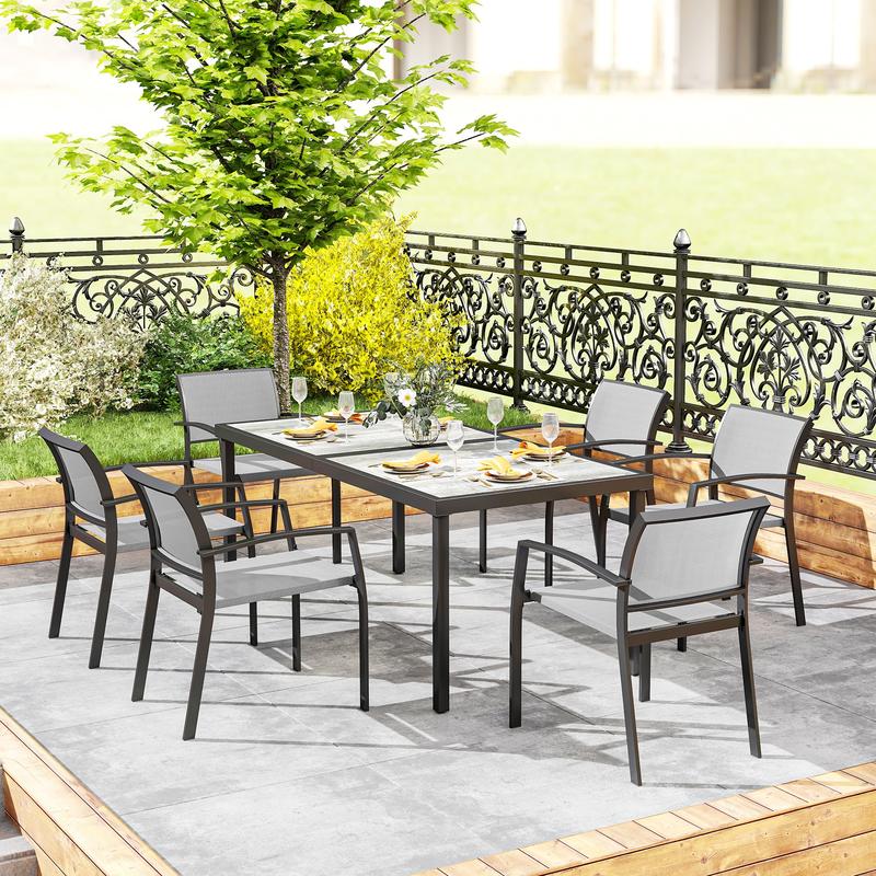 7-Teiliges Ess-Set, 6 Stühle, 1 Tisch, Stapelbar, Leicht Zu Reinigen, Stahlrahmen, Gartenmöbel-Set, Grau, Garten-Bistro-Esstisch Und Stühle, Langlebig Und Leicht Zu Reinigen