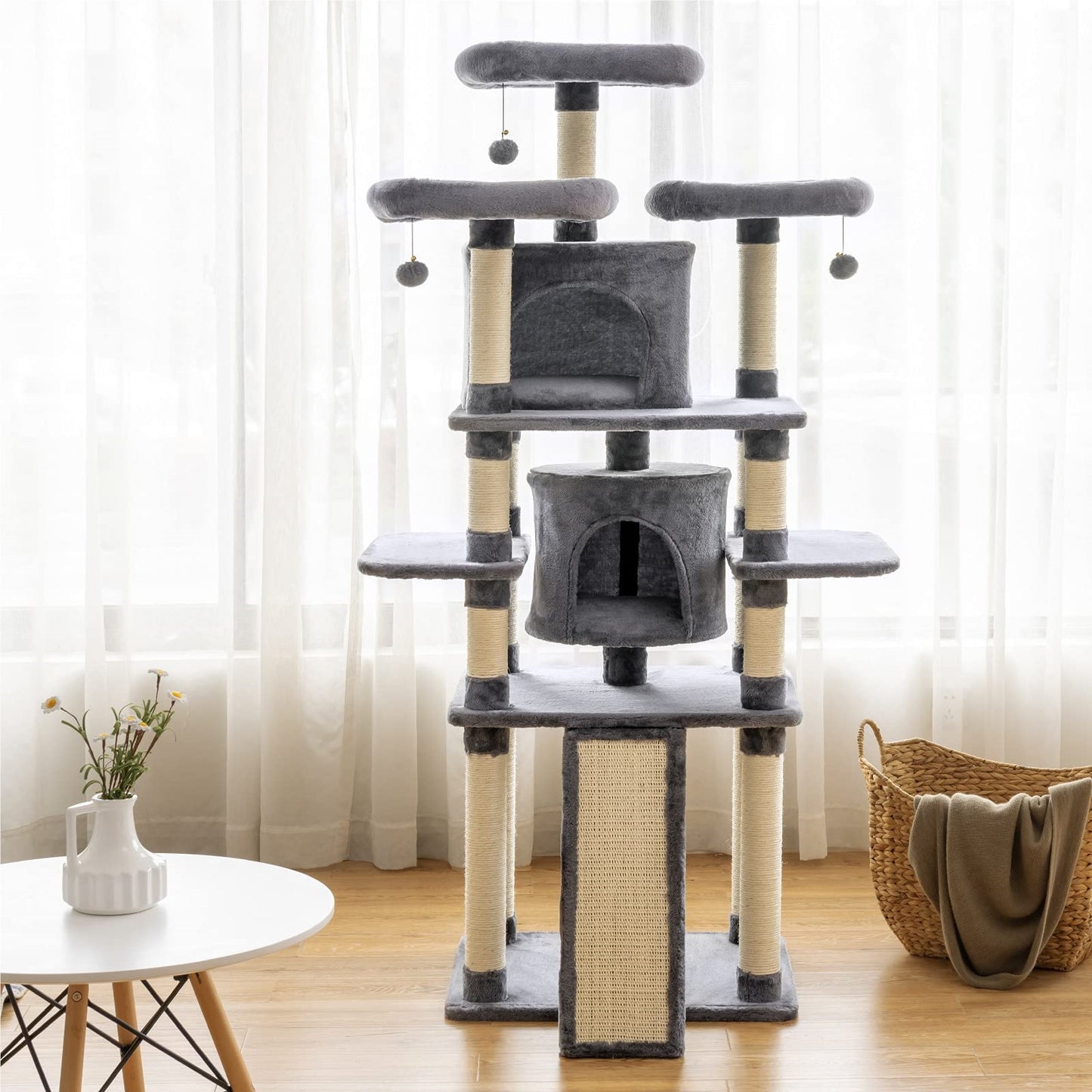 Krabpaal – Kattenboom – Klimpaal – Speelboom – Krabmeubel – Multifunctioneel met 2 kattenhuisjes – 170 cm hoog – Stabiel met sisal kraboppervlakken – Donkergrijs