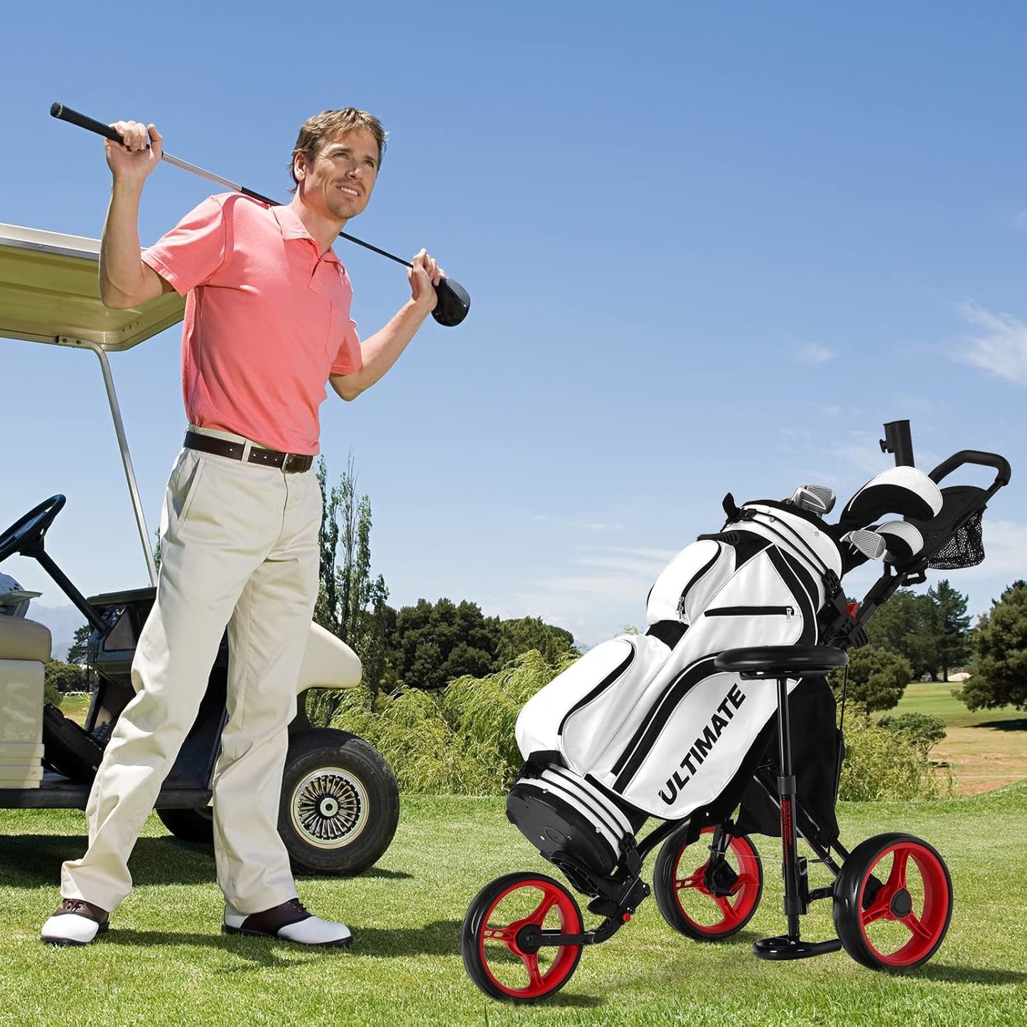 Golfkarretje – Golftrolley – Golfwagen – Golfcaddy – Golfpushcart – Inklapbaar en Lichtgewicht – Verstelbaar Zitje en Handvat