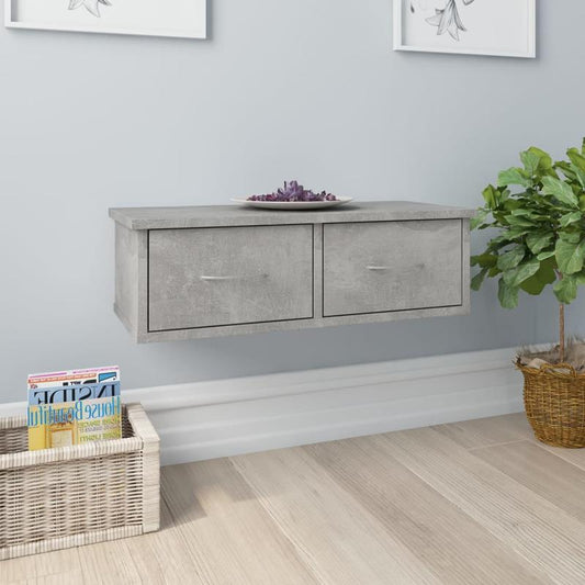 Wandplank Houten Plank Muurplank Wandrek Opbergplank – Grijs – 2 Laden – 60x26x18,5 cm – Duurzaam Hout – Compleet Gemonteerd