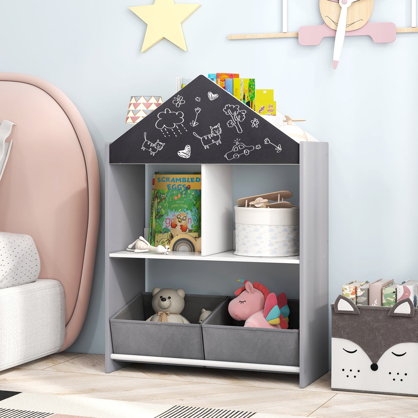 Kinderboekenkast – Kinderboekenrek – Speelgoedkast – Boekenplank – Opbergkast – MDF Hout – Krijtbord & Whiteboard – 4 Vakken & 2 Stoffen Lades – Kindvriendelijk 90 cm Hoog