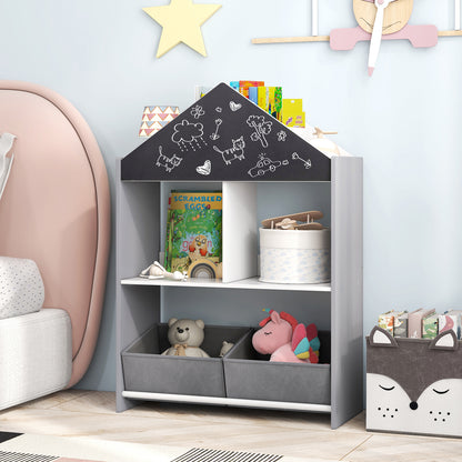 Kinderboekenkast – Kinderboekenrek – Speelgoedkast – Boekenplank – Opbergkast – MDF Hout – Krijtbord & Whiteboard – 4 Vakken & 2 Stoffen Lades – Kindvriendelijk 90 cm Hoog