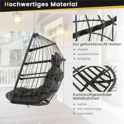 Hangstoel – Hangstoel met Kussen – Hangmatstoel – Schommelstoel – Zitzak – Inklapbaar – PE Rattan – Inclusief Ophangsysteem – Max. 150 kg – Grijs