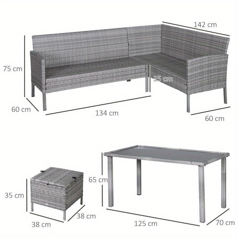5-Tlg. Gartenmöbel Set, Rattan Sitzgruppe Mit Fußhocker, Metall, Grau, 142 X 60 X 75 Cm