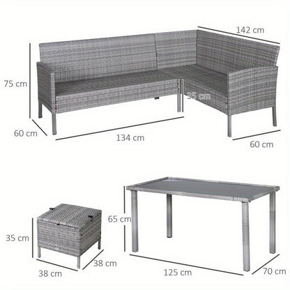 5-Tlg. Gartenmöbel Set, Rattan Sitzgruppe Mit Fußhocker, Metall, Grau, 142 X 60 X 75 Cm