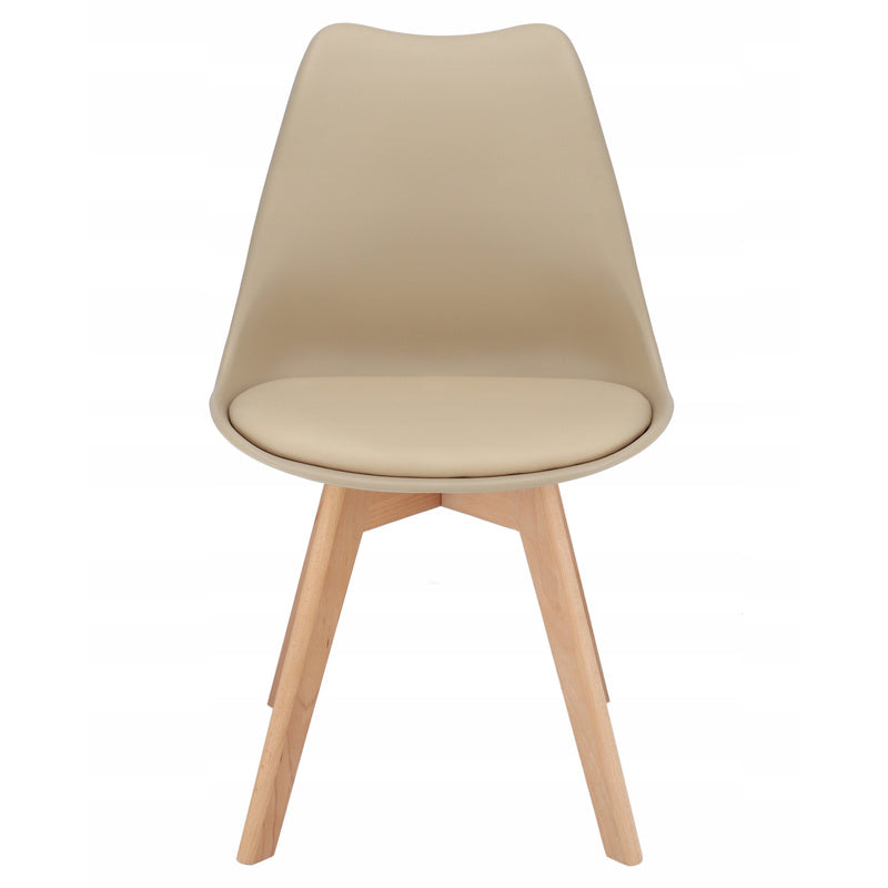 Stoel – Eetkamerstoel – Kuipstoel – Designstoel – Zithoekstoel – Scandinavisch Design – Beukenhouten Poten – Eco-Leren Kussen – Set van 4 – Beige