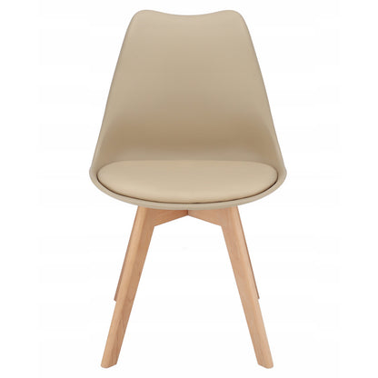 Stoel – Eetkamerstoel – Kuipstoel – Designstoel – Zithoekstoel – Scandinavisch Design – Beukenhouten Poten – Eco-Leren Kussen – Set van 4 – Beige