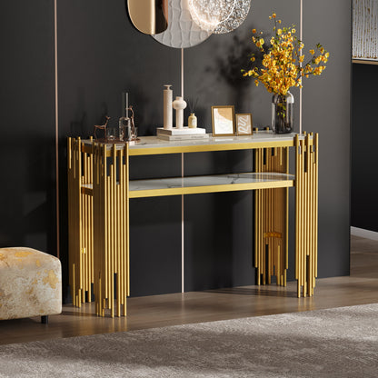 Sidetable – Consoletafel – Wandtafel – Haltafel – Bijzettafel – Mid-Century Modern – Wit MDF Met Gouden Poten – 128x44x80 cm – Draagvermogen 40kg