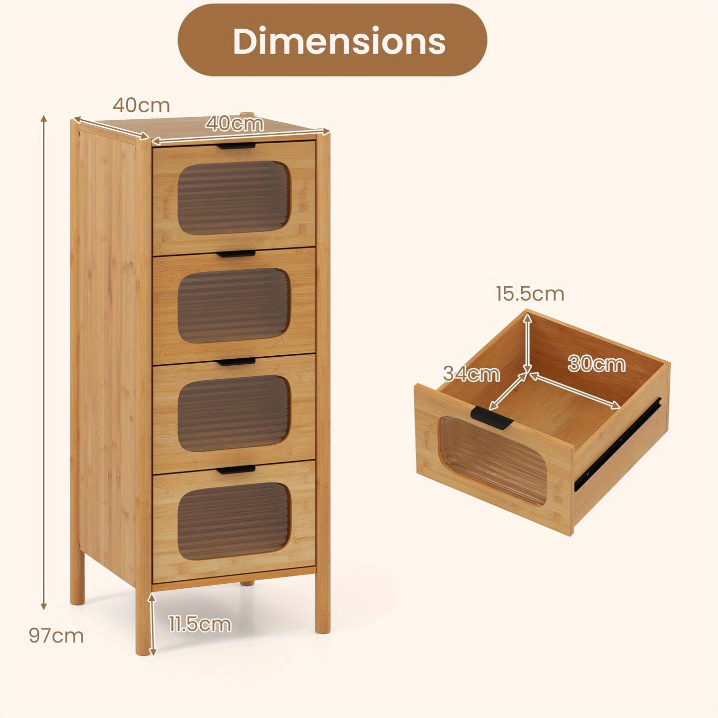 Kast Opbergsysteem – Kledingkast – Opbergkast – Ladekast – Dressoir – Bamboe & Gehard Glas – 40x40x97 cm – 4 Ruime Lades