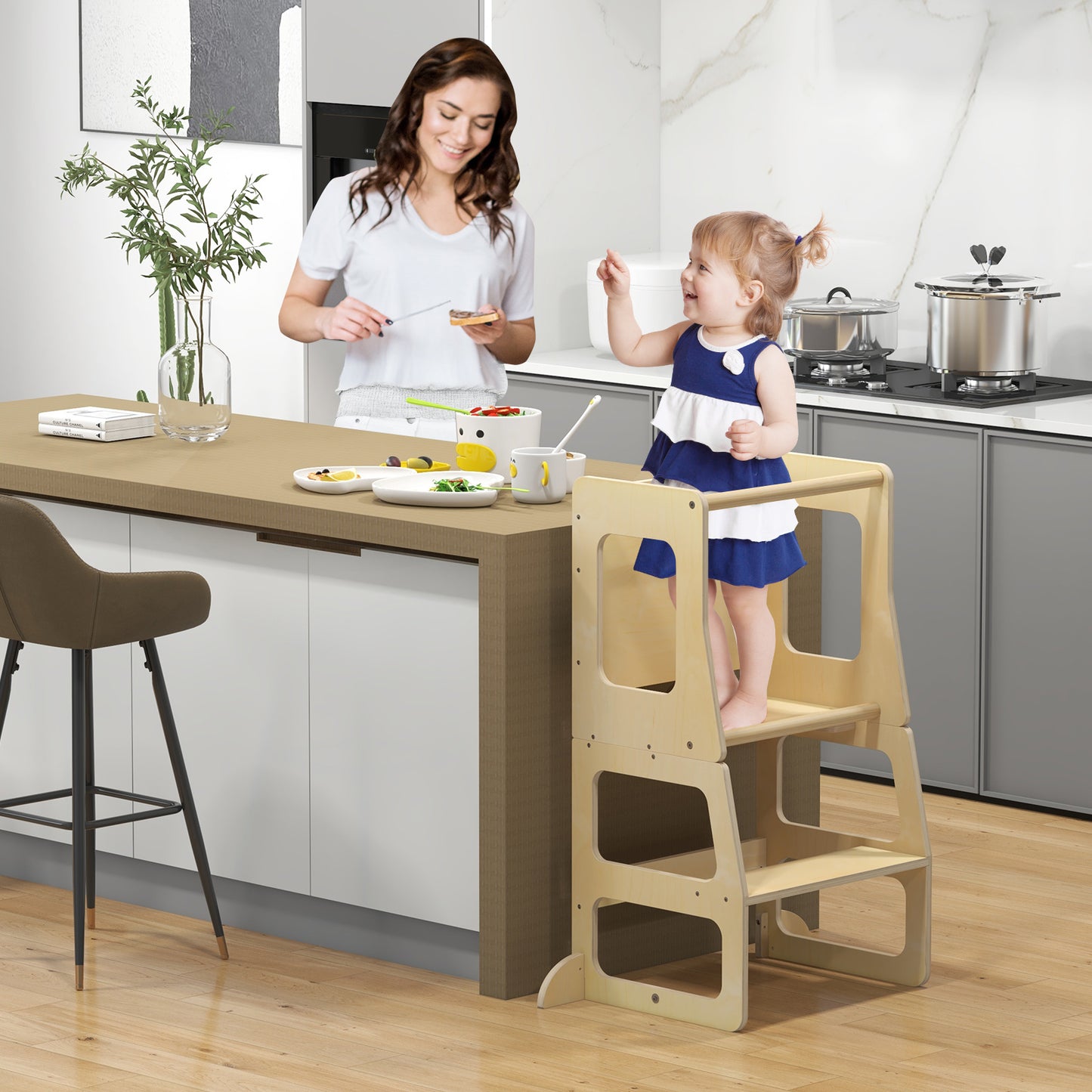Loopstoel – Peuter Toren – Loopwagen – Loopstoeltje – Babyloopstoel – Houten 3-in-1 Stapelkruk – Inclusief Krijtbord – Veilig En Stevig Design