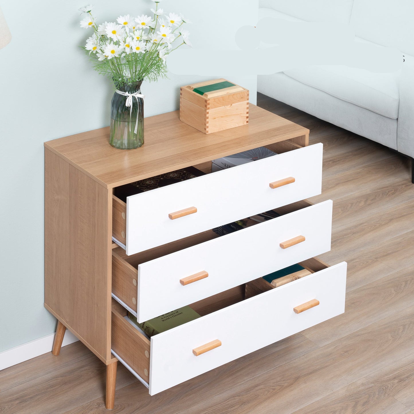 Ladekast Scandinavisch – Commode – Opbergkast – Dressoir – Schuifladenkast – Wit Met Houtlook – 3 Schuifladen – Anti-Kantelbeveiliging