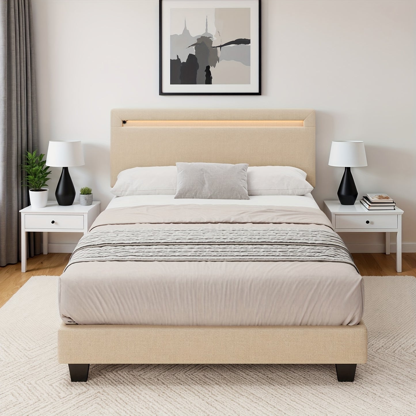 Bedframe – Bedbodem – Slaapbank – Ledikant – Boxspringframe – Modern Design – Stabiele Hardhouten Constructie – 120x200cm Beige Upholstered Hoofdbord