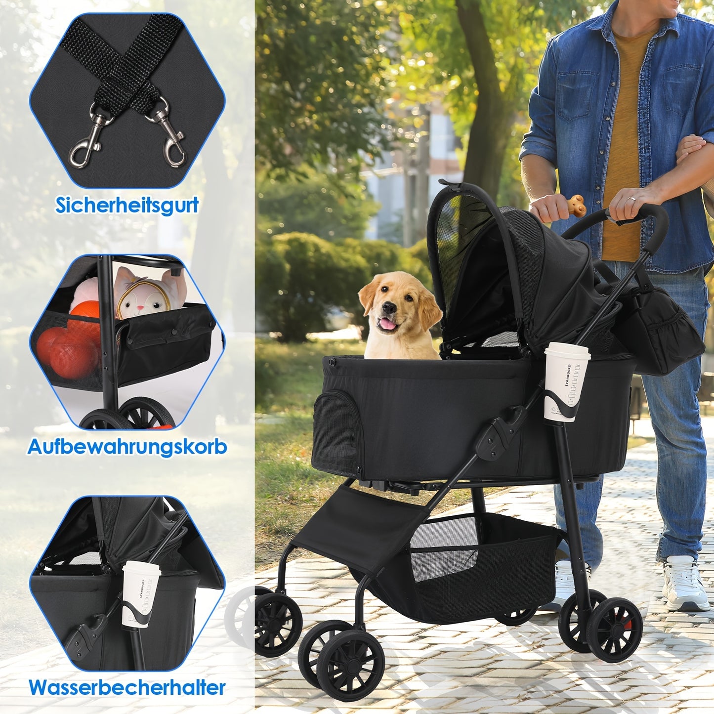Hondenbuggy – Hondenwagen – Hondenkar – Dierenwagen – Huisdierenwagen – Tot 30 kg Draagvermogen – 360° Draaibare Dubbele Wielen – Inklapbaar – Oxford Stof