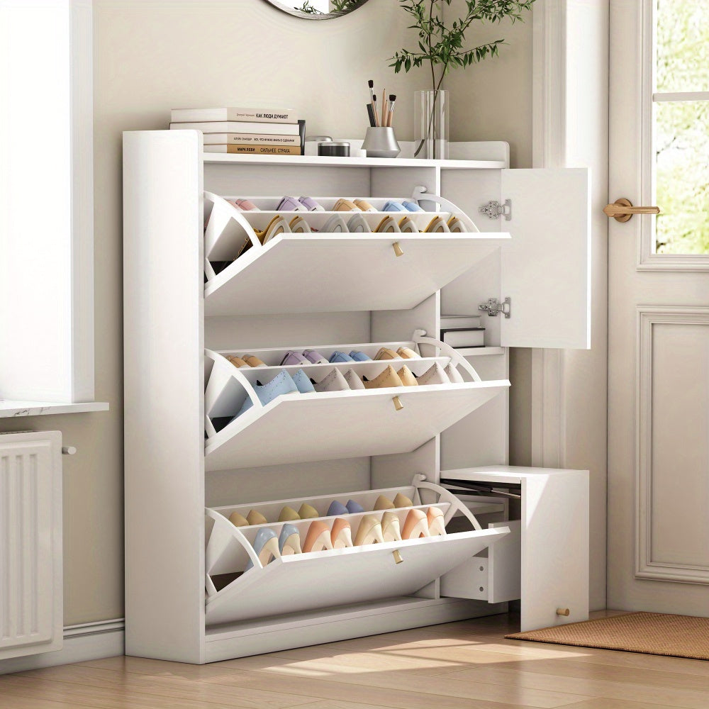 Modern White Multifunctional Tilting Shoe Cabinet with 3-Tier Folding Drawers & Bench - Freestanding Entryway Storage with Space-Saving Design, Space-Saving Shoe Rack, Durable Non-Wood Construction for Hallway, Foyer, Small S