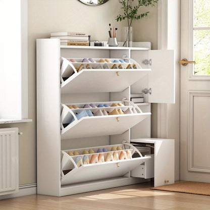Modern White Multifunctional Tilting Shoe Cabinet with 3-Tier Folding Drawers & Bench - Freestanding Entryway Storage with Space-Saving Design, Space-Saving Shoe Rack, Durable Non-Wood Construction for Hallway, Foyer, Small S