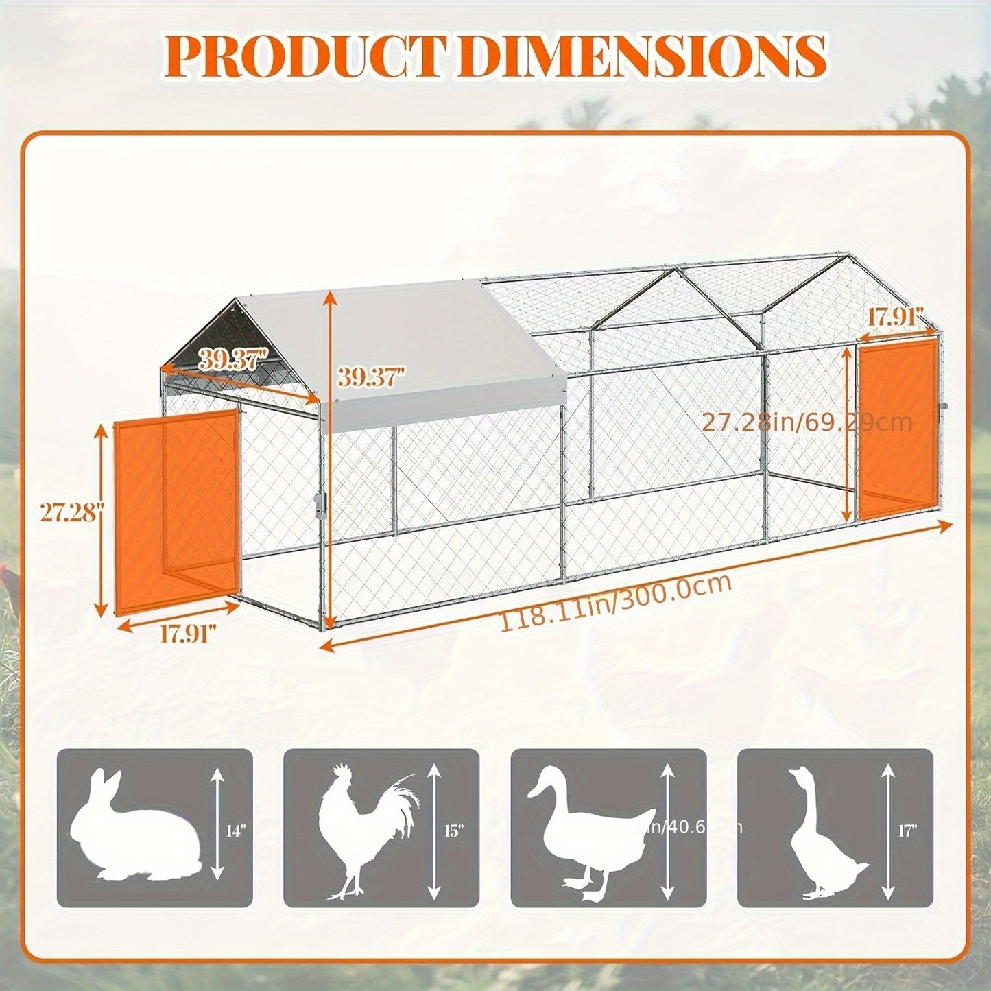 Kippenren – Kipren – Pluimveren – Buitenren – Dierenren – Metaal – Waterdicht Dak – 3,05 x 1,02 x 1,02 m – UV-Bestendig – Voor 12-20 Kippen – Silvery