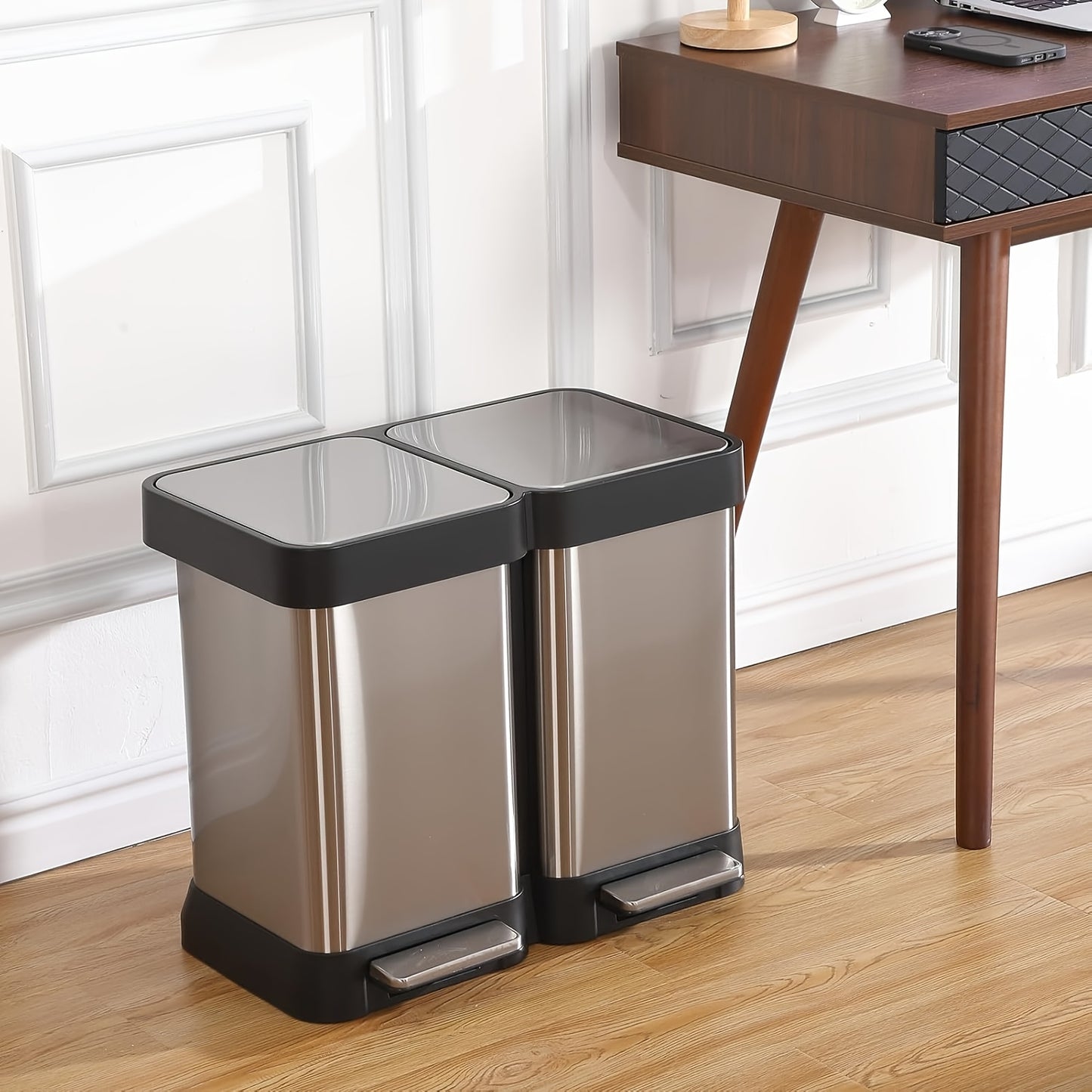 Afvalbak – Prullenbak – Vuilnisbak – Recyclingbak – Afvalemmer – 40L Dual Compartiment – Roestvrijstaal Vingerafdrukbestendig – Handsfree Voetpedaal