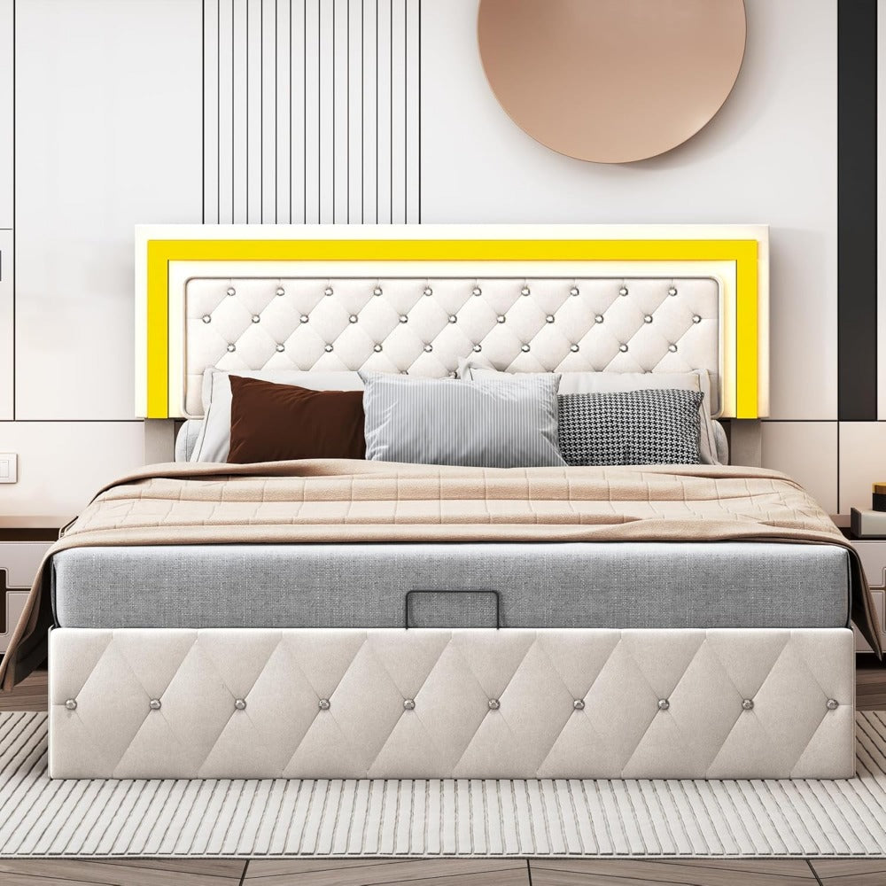 Bed 140x200 cm – Tweepersoonsbed – Opbergbed – Gestoffeerd Bed – Led Bed – Hydraulisch Liftsysteem – Luxe Beige Velvet – Verstelbare LED-lichtstrip