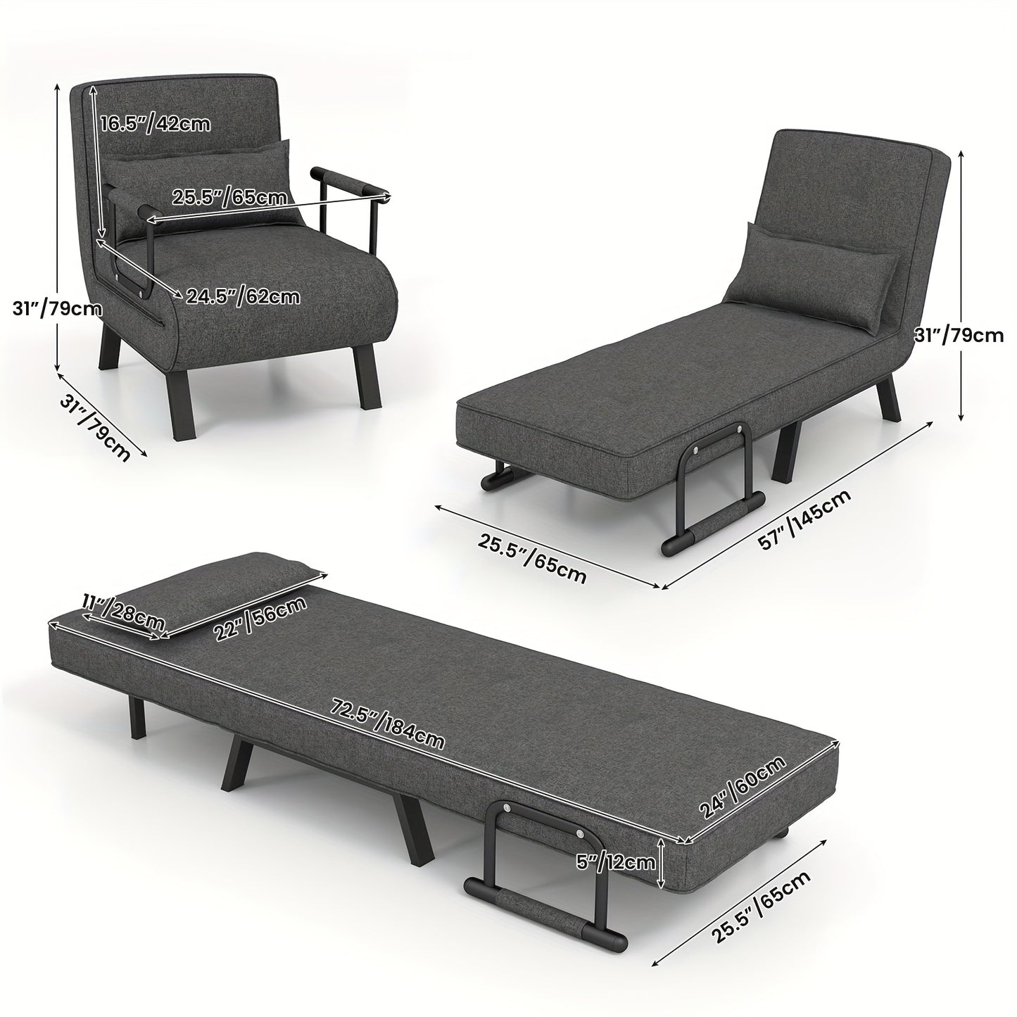 Convertible Sofa Bed, Tri-Fold Single Sleep Chair W/ 6 Positions Adjustable Backrest, Removable Pillow & Upholstered Seat, Sturdy Metal Frame, Folding Chaise Lounge Couch for Home & Office