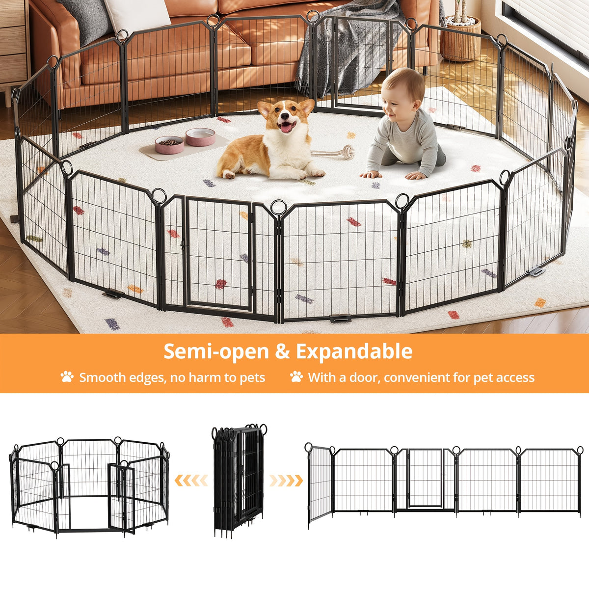 16 Panels 81.28 cm Height Heavy Duty Dog Playpen | Folding Indoor Outdoor Anti-Rust Iron Dog Exercise Fence with Door for Large Medium Small Dogs and Pets, Assembled by GAOMON