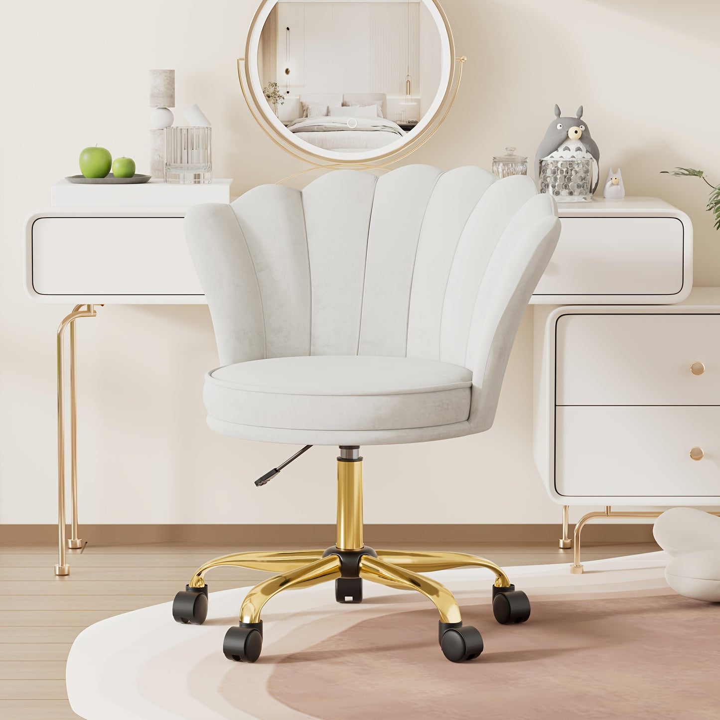 Bureaustoel – Office Chair – Draaistoel – Bureaustoelen – Verstelbare Stoel – Beige Velvet – 360° Draaibaar – Memory Foam Zitting – Max 120 kg Belastbaar