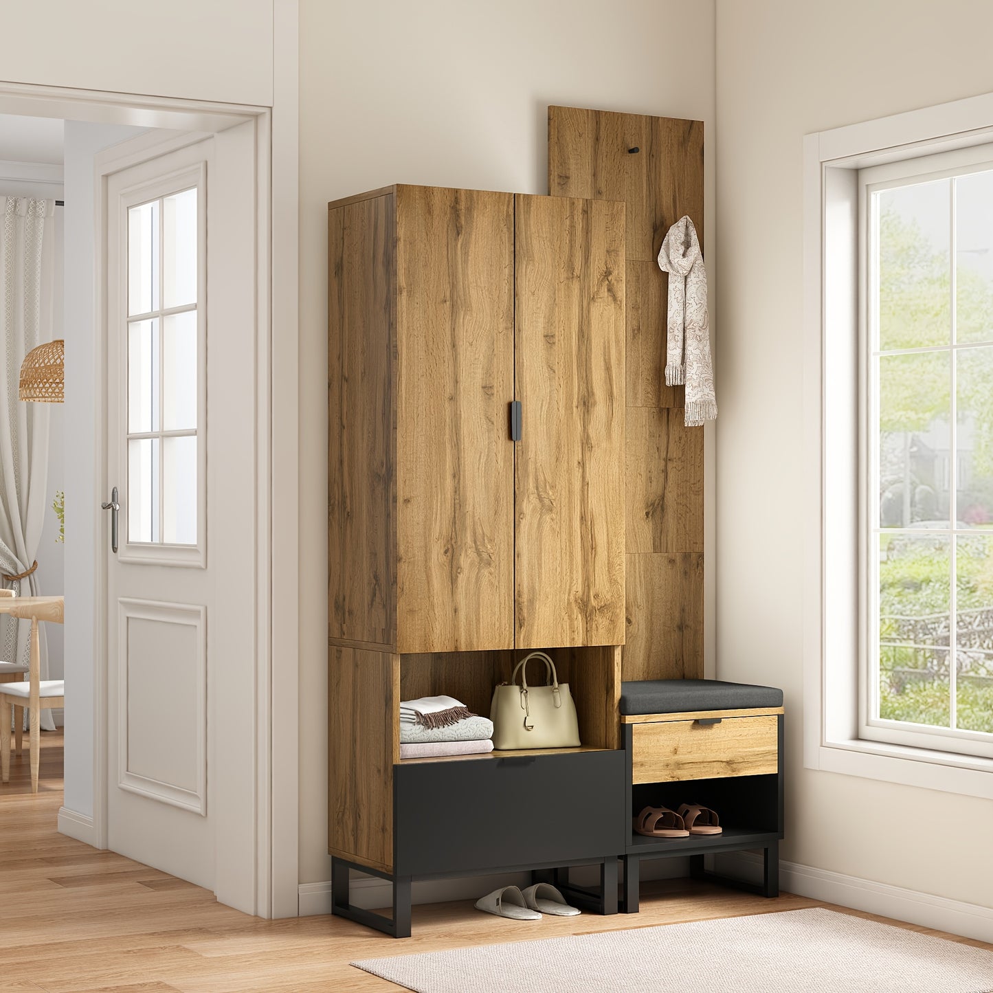 Kledingkast – Houten Kast – Vrijstaande Opbergkast – Schoenenkast – Garderobekast – Compact Design – Massief Hout Met Schoenenbank En Kussens