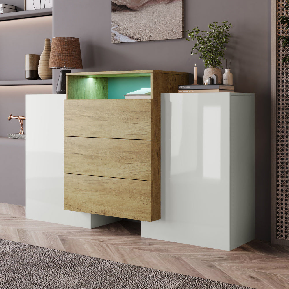 Dressoir – Sideboard – Opbergkast – Ladekast – Buffetkast – Hoogglans Wit Met Houten Accent – Compact 140 cm Hoog
