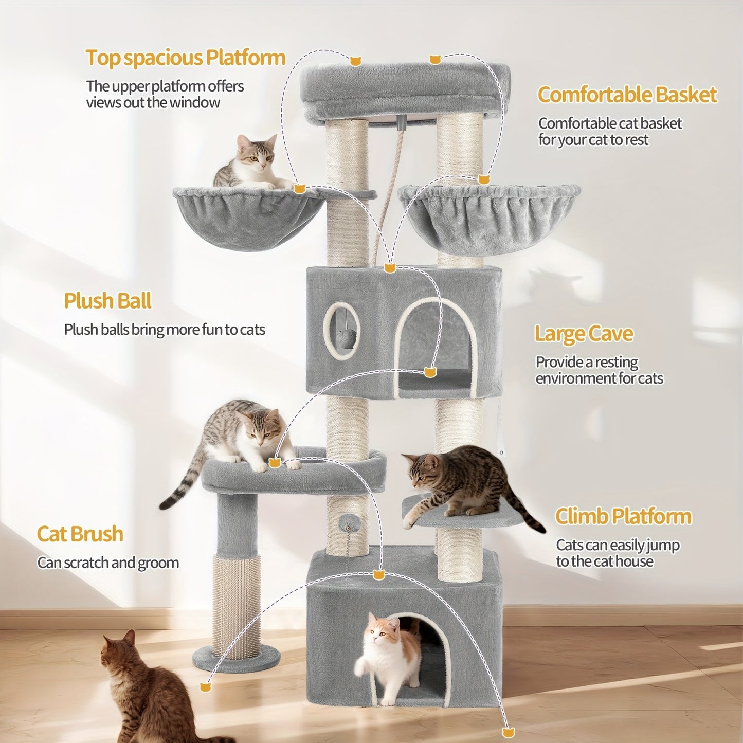 Krabpaal – Kattenboom – Krabmeubel – Kattenhuis – Kattentoren – 163 cm Hoog – Stevig Met Sisal Krabpalen En Zachte Ligplaatsen