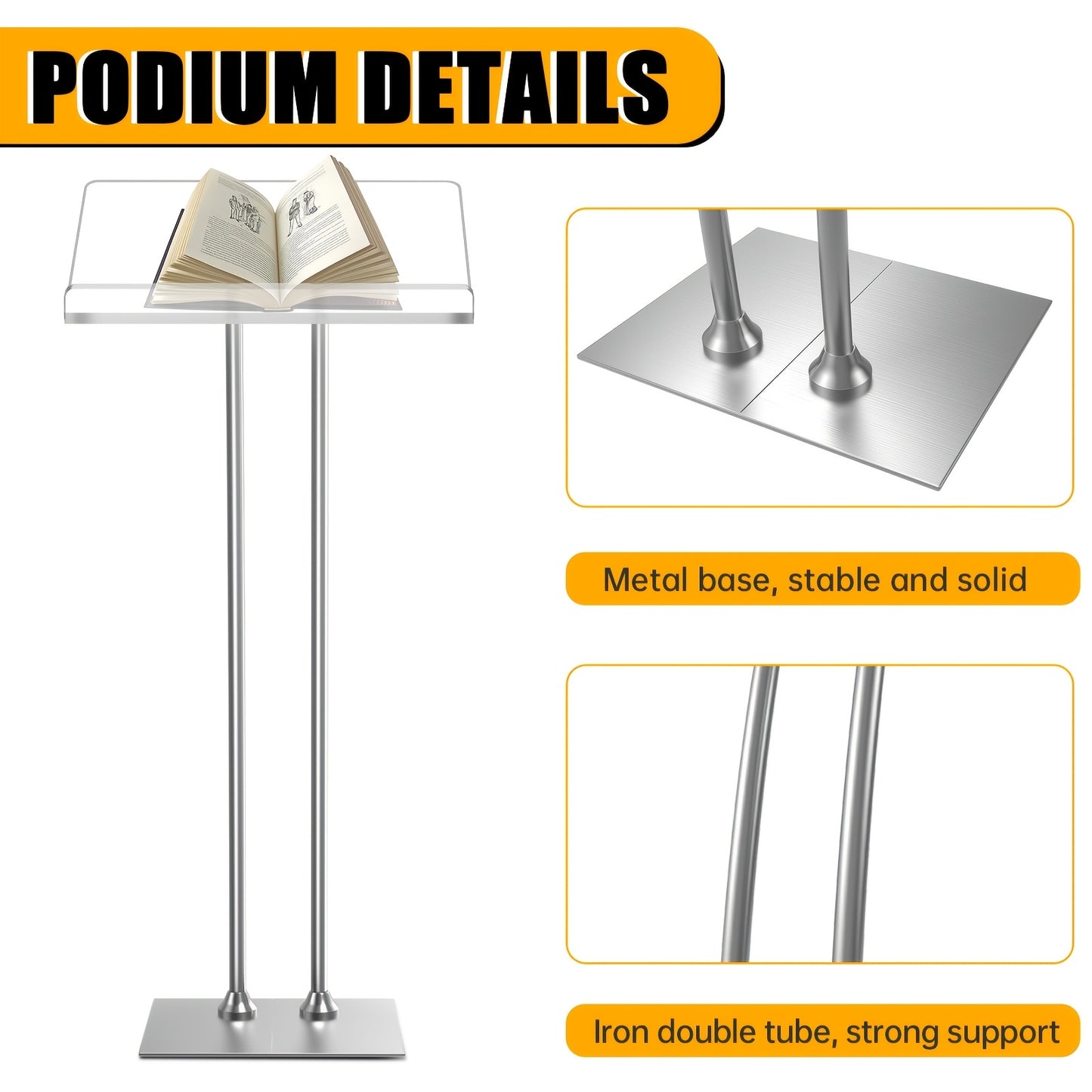 Spreekgestoelte – Lessenaar – Podium – Lectern – Presentatietafel – Verstelbaar Hoogte – Dik 10mm Acrylblad – Stevig IJzeren Onderstel
