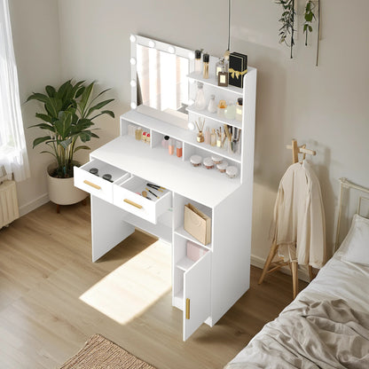 Kaptafel – Make-uptafel – Visagiekast – Beautytafel – Make-upmeubel – Verstelbare LED-verlichting – Ruime Opbergruimte met Lades en Kastje – Wit