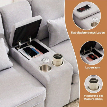 Bankstel – Hoekbank – 4-zitsbank – Slaapbank – Zitbank – Linnen Stoffering – Ingebouwde Console Met 2 Bekerhouders – Armleuning Met Opbergvakken – 4 Comfortabele Kussens – Duurzaam Gemengde Kleuren – Modern Minimalistisch Design