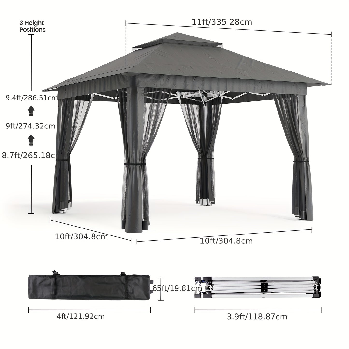 Partytent – Tuinpaviljoen – Paviljoen – Easy-Up Tent – Vouwtent – 3,35x3,35 m – Waterdicht Met Muskietennet – Verstelbare Hoogte – UV-Bescherming – Inclusief Draagtas