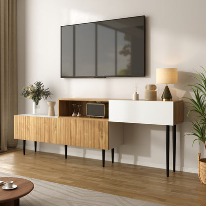 TV Meubel – TV Kast – TV Meubelkast – Lowboard – Mediameubel – Verstelbare Lengte – Modulaire Twee-delige Ontwerp – Zwarte Metalen Poten – Warme Bruine Afwerking