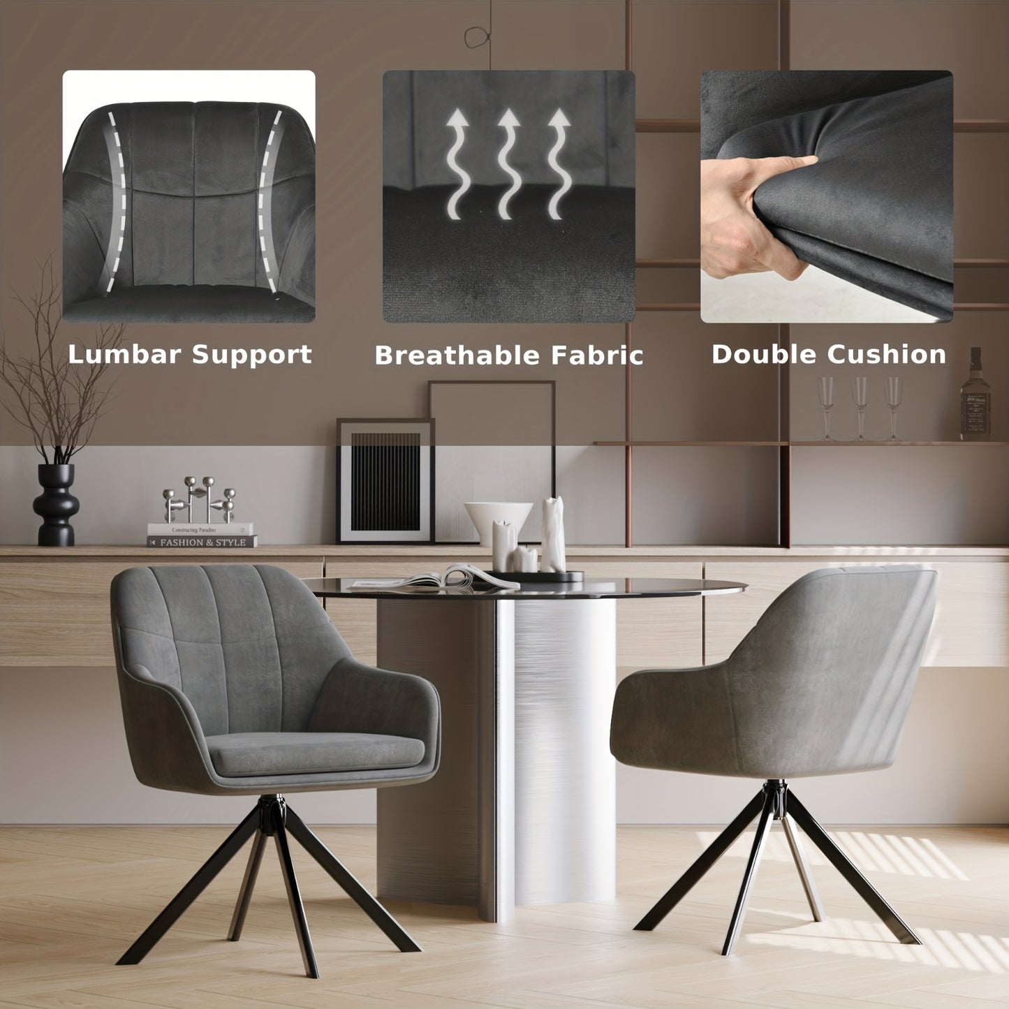Draaistoel Met Armleuningen – Bureaustoel – Eetkamerstoel – Werkstoel – Lounge Stoel – 360° Draaibaar – Memory Foam Zitting – Metaal Frame – Donkergrijs – Set Van 2