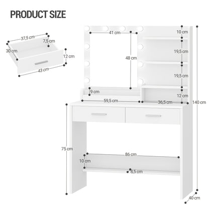 Dressing Table – Make-up Tafel – Vanity – Make-up Spiegel – Kaptafel – LED Verlichting – 90 cm Wit – 3 Helderheidsniveaus – 2 Laden & 4 Open Vakken