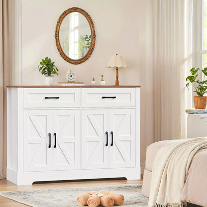 Sideboard – Dressoir – Buffetkast – Opbergkast – Wit/Bruin – 120x40x87 cm – 2 Lades & 4 Deuren – Houtlook Spaanplaat