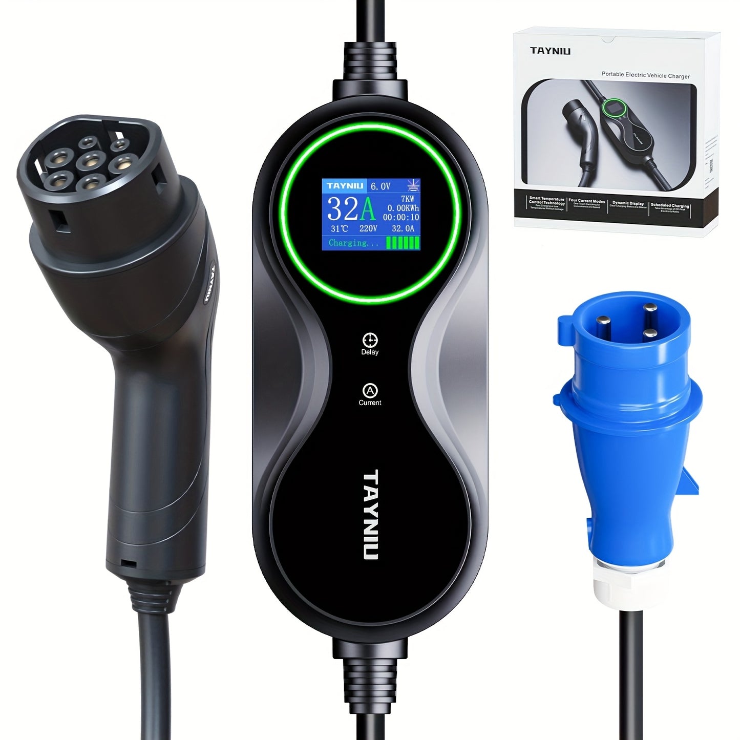 Elektrische Auto Laadpaal – Laadstation – Wallbox – EV Lader – Thuislader – 7 kW 32A – LCD Display – Programmeerbare Timer – 5 Meter Kabel – Draagbaar