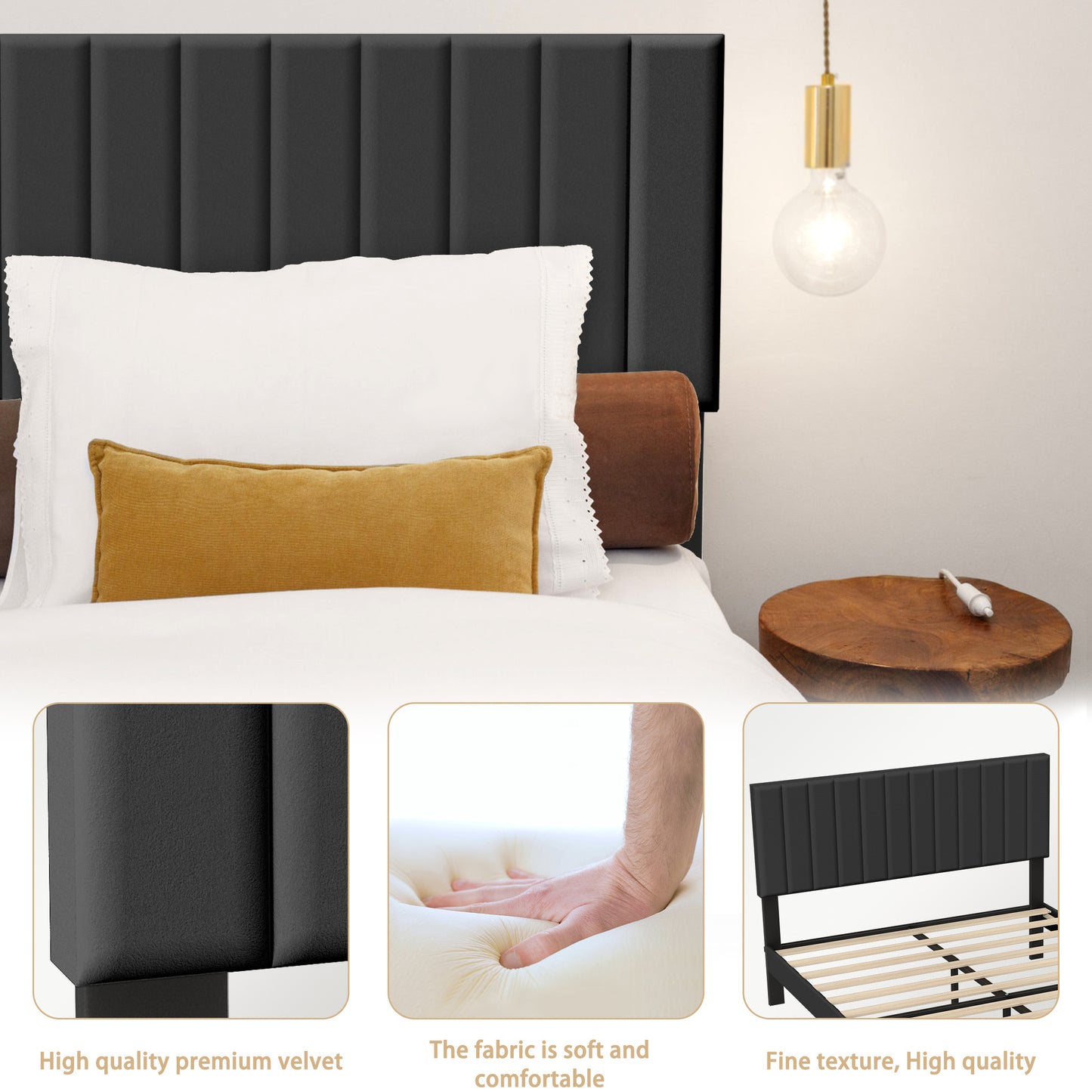 Gestoffeerd Bed – Bedframe – Slaapbank – Ledikant – Tweepersoonsbed – Zwart Fluweel – 160x200 cm – Met Knoopversiering – Houten Lattenbodem
