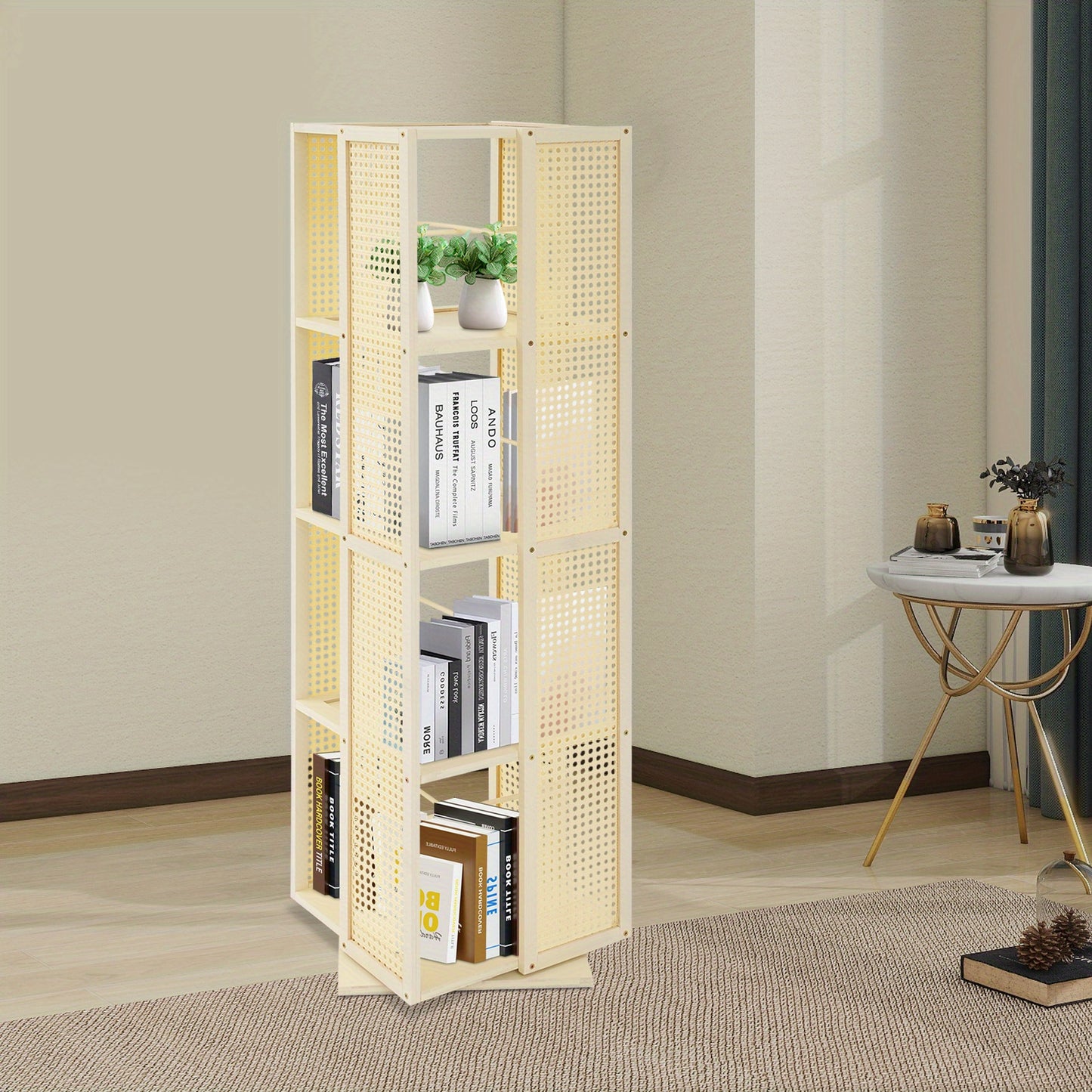 Draaibare Boekenkast – Boekenrek – Opbergkast – Plankenkast – Ruimtebesparende Kast – 4-Laags 360° Draaibaar – Duurzaam Kunststof – Roomwit Modern Design