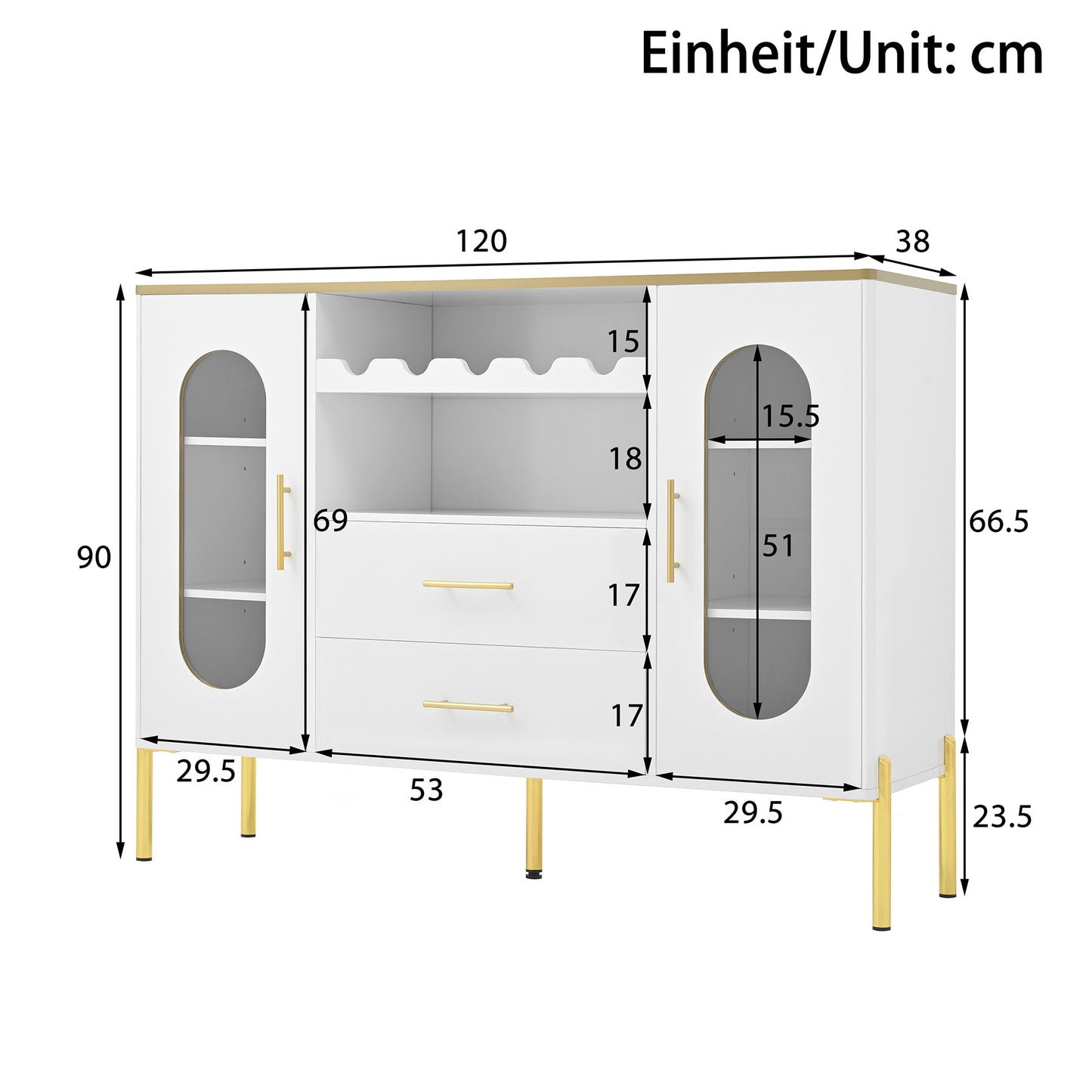 Sideboard – Dressoir – Buffetkast – Opbergkast – Wijnkast – Wit Met Gouden Accenten – Verstelbare Planken En Wijnrek – 120x38x90 Cm