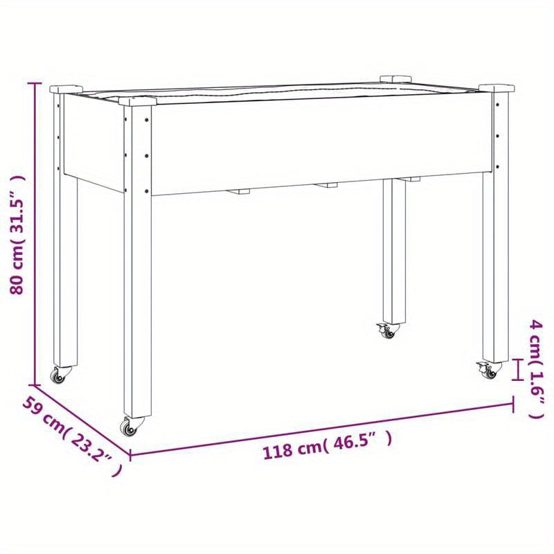 Plantenbak Op Wielen – Bloembak – Plantenbak Met Voeten – Tuinbak – Bloempot Houten Kuip – Grijze Voering – Afmetingen 118x59x80 Cm – Gemaakt Van Vurenhout