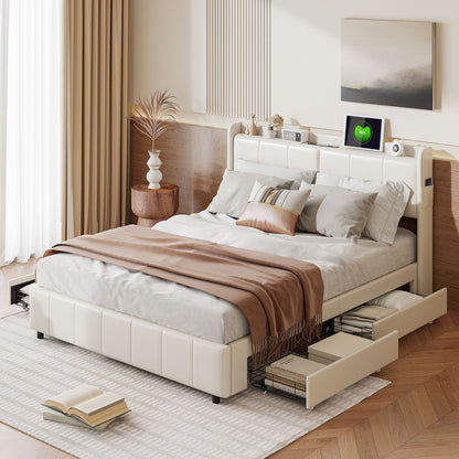 Bed 140x200 cm – Tweepersoonsbed – Opbergbed – Boxspringbed – Slaapbed – Beige Velvet Bekleding – 4 Opbergladen – Stevig MDF Frame – Gewichtscapaciteit 300 kg