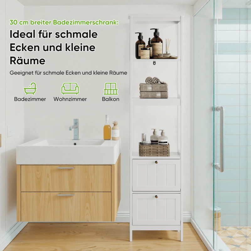 Slank Hoog Kastje – Smalle Opbergkast – Verticale Badkamerkast – Smal Meubel – Waskamer Rek – Wit MDF – 2 Lades & 3 Planken – Ruimtebesparend Ontwerp – Eenvoudige Montage