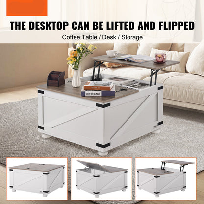 Salontafel – Koffietafel – Tafeltje – Woonkamertafel – Lift-Top Salontafel – 80x80 cm – Hydraulisch Hefblad – Grote Opbergruimte Grijs-Wit