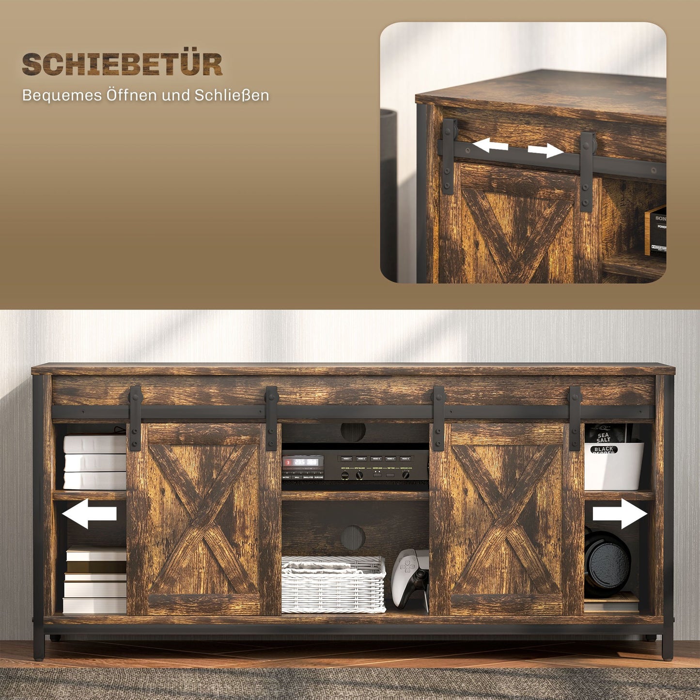 Tv meubel – TV-kast – TV-meubel – Lowboard – Media meubel – Industrieel design – Geschikt tot 60 inch – 6 opbergvakken met 2 schuifdeuren