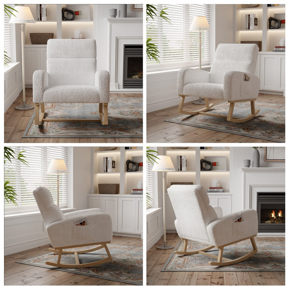 Schommelstoel – Relaxstoel – Fauteuil – Voedingsstoel – Loungestoel – Lammywol Bekleding – Ergonomische Hoge Rugleuning – Zijzakken – Wit